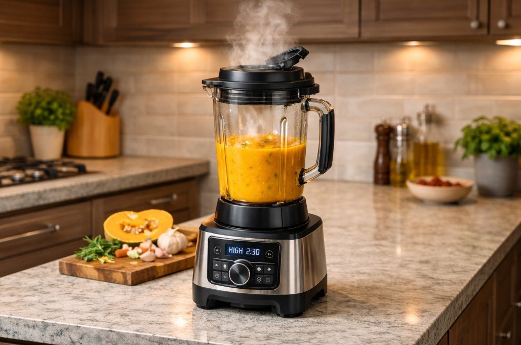 Licuadora con sopa caliente en recipiente resistente al calor